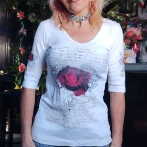 V-Neck Top with Red Rose Design